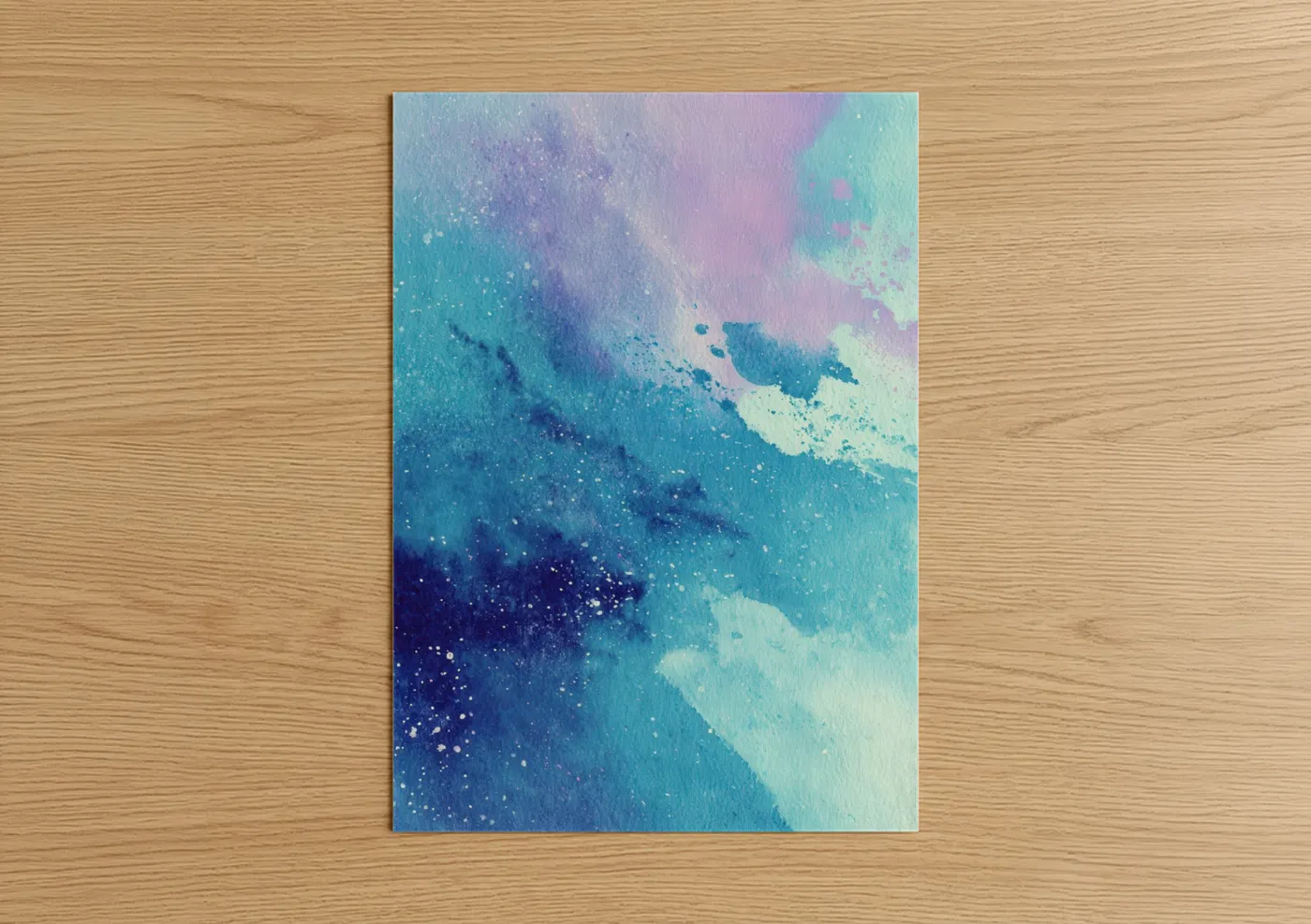 Art print on warm oak wood — blue and turquoise palette — Cosmic Nebula poster