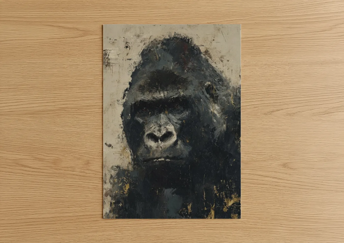 Art print on warm oak wood — black and beige palette — Contemplative Gorilla poster