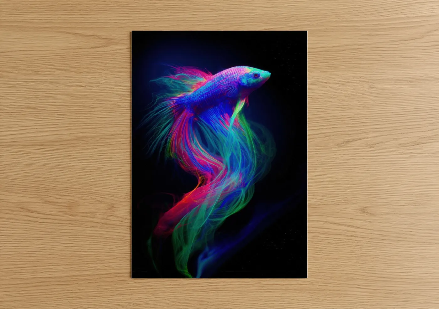 Fighting fish art print on warm oak wood — blue and magenta palette — Neon Betta Fish poster