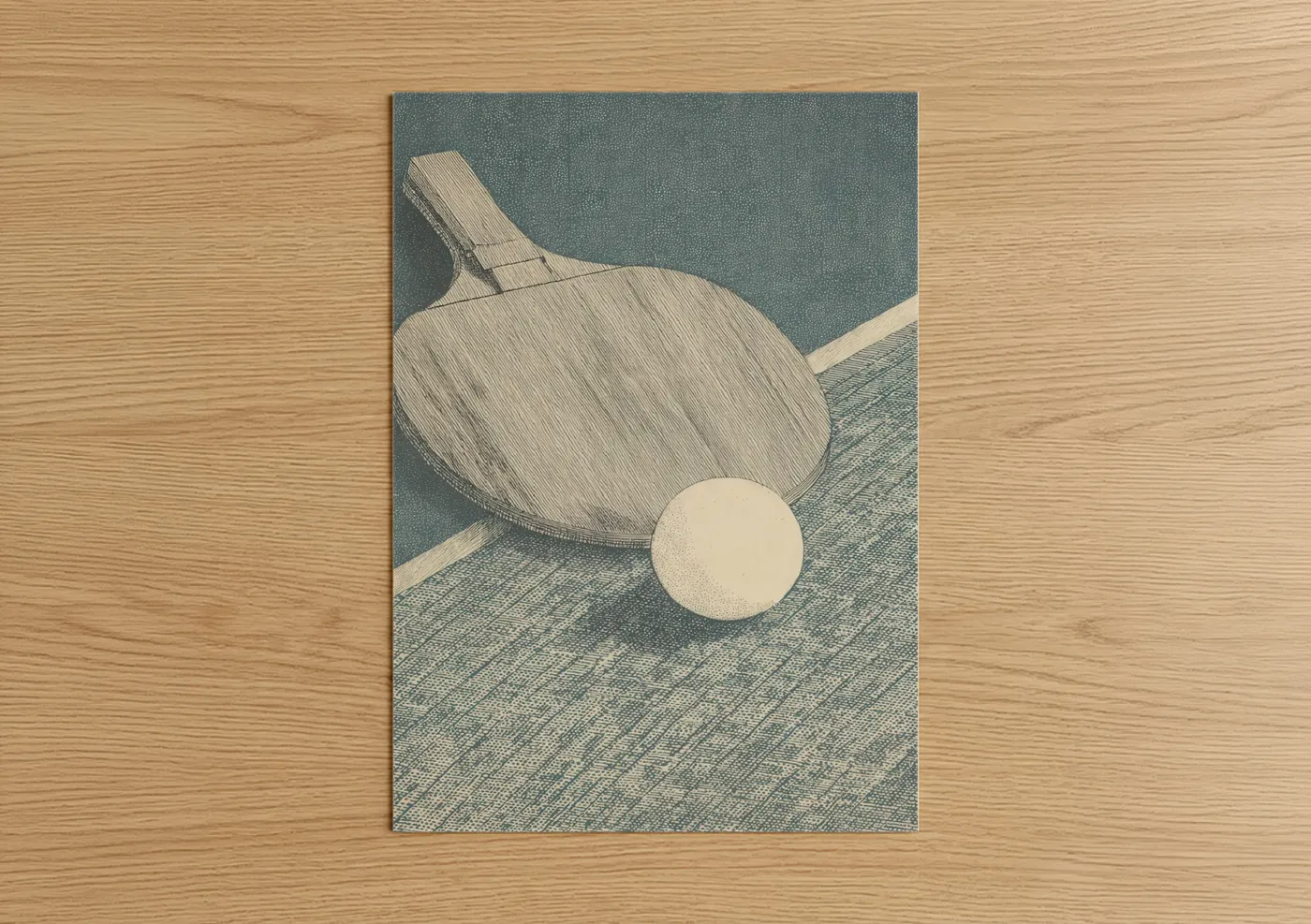 Table tennis art print on warm oak wood — teal and cream palette — Minimalist Paddle poster