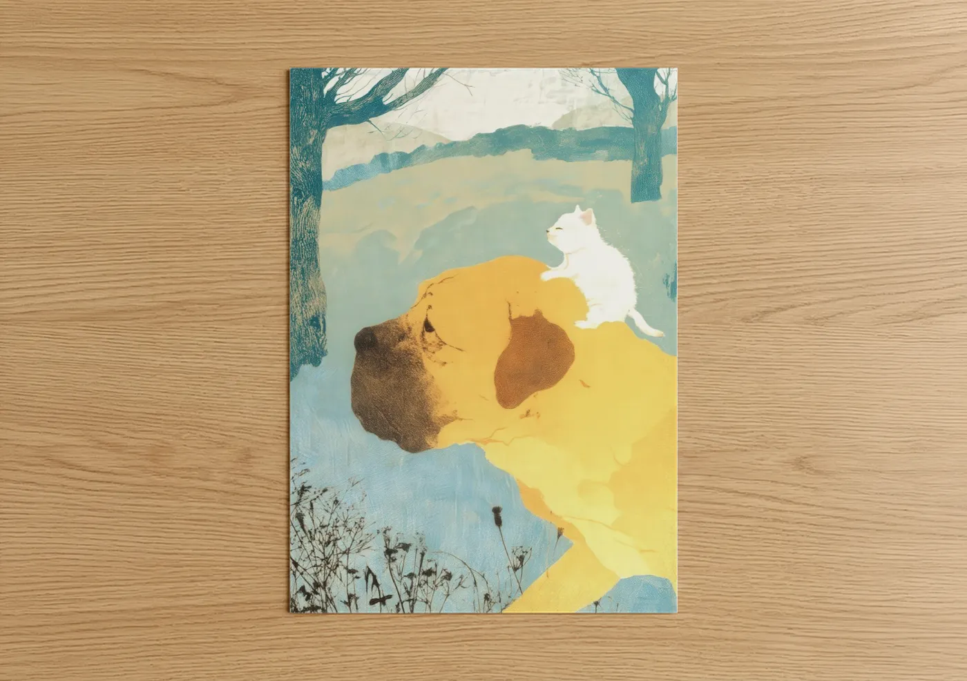 Gentle Mastiff with White Cat Illustration Wall Art