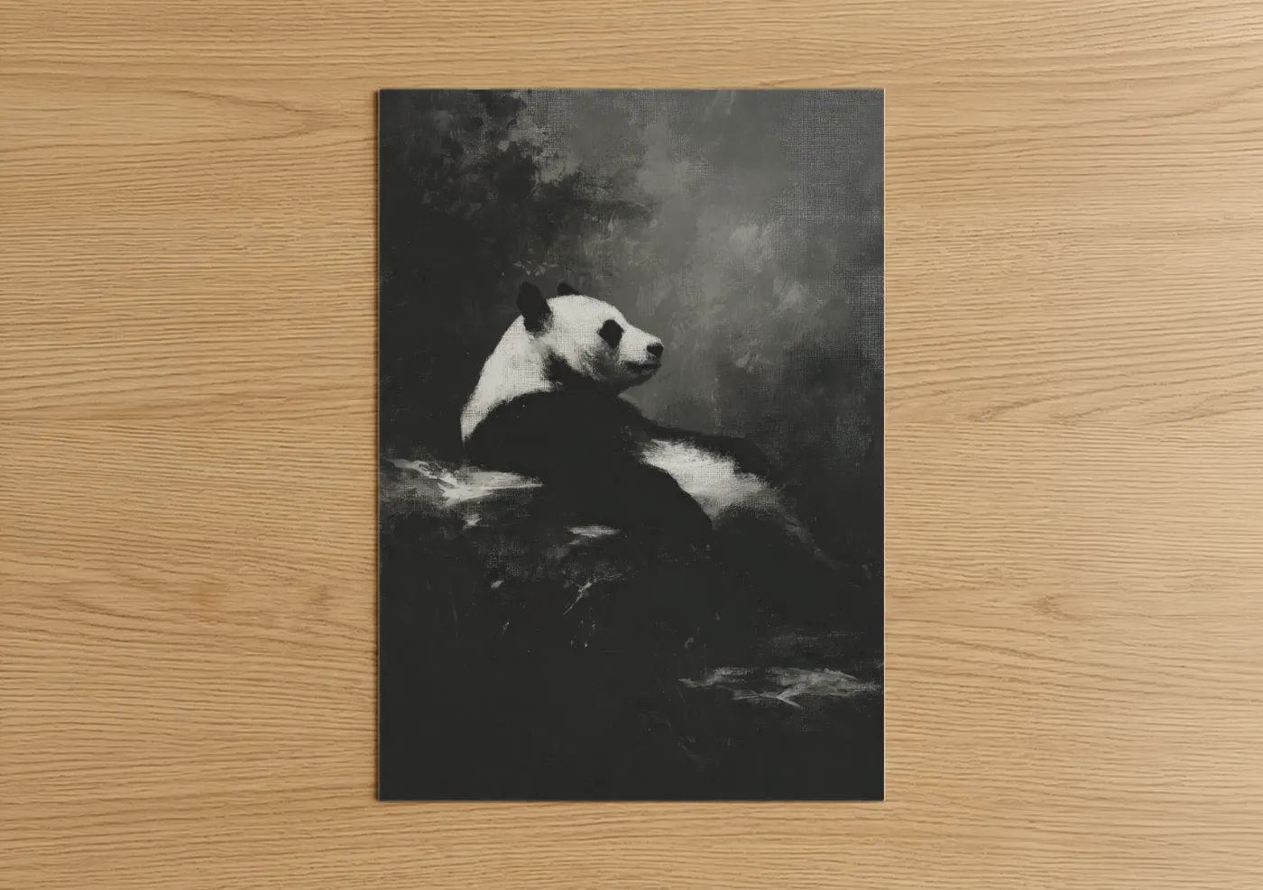 Art print on warm oak wood — black and white and gray palette — Contemplative Panda poster