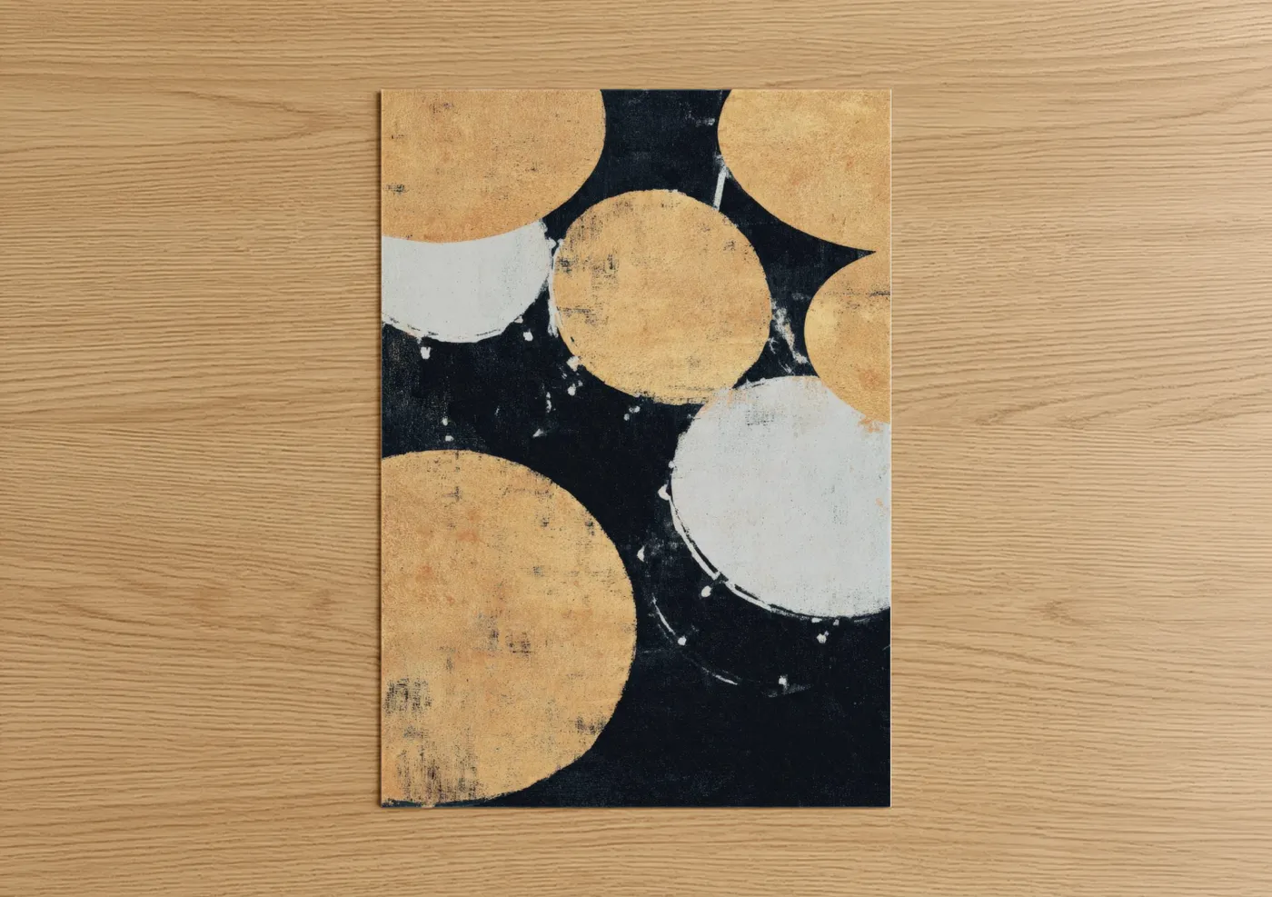 Drums art print on warm oak wood — gold and black and white palette — Vintage Drum Kit poster