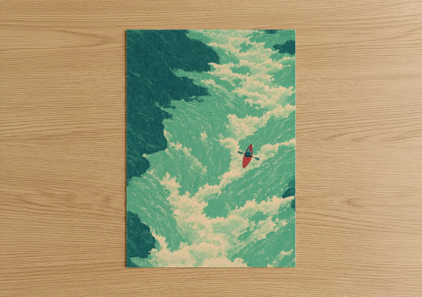 Canoeing and kayaking art print on warm oak wood — teal and cream palette — Aerial Kayak poster