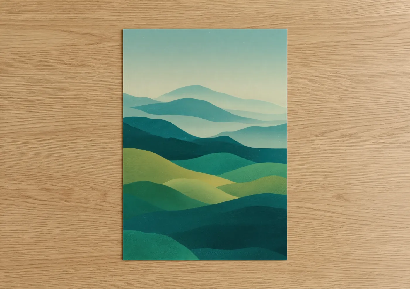 Grass art print on warm oak wood — teal and light green palette — Layered Rolling Landscape poster