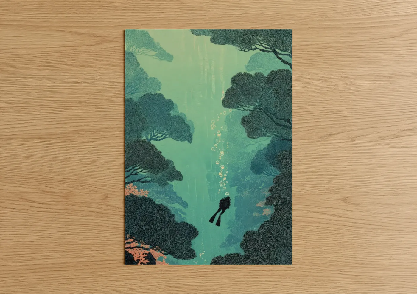 Diving art print on warm oak wood — turquoise and teal palette — Coral Reef Diver poster