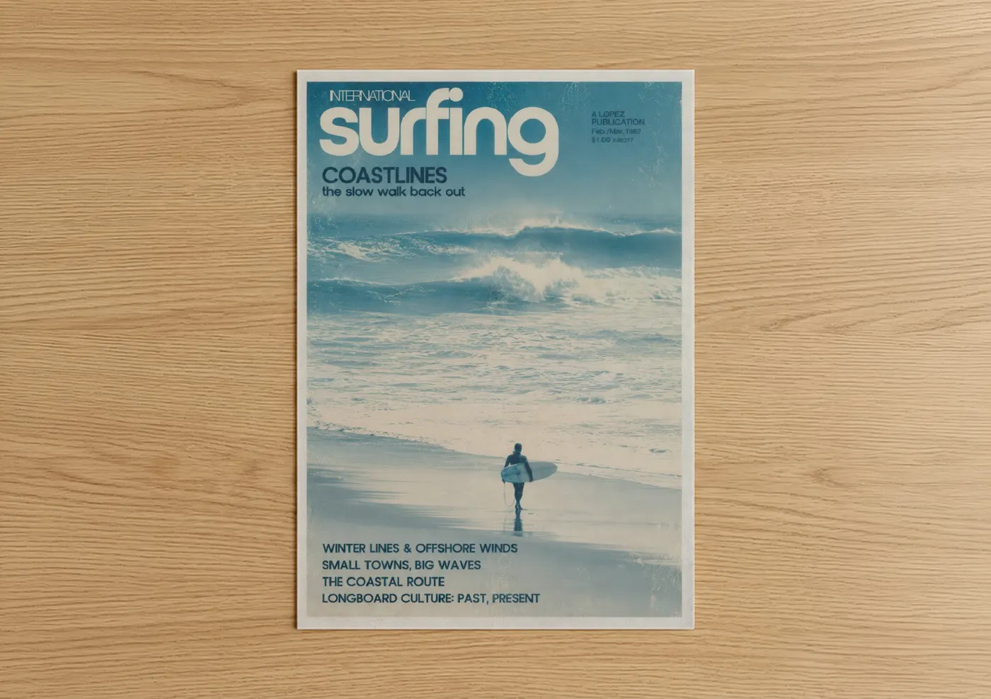 Water surfing art print on warm oak wood — blue and beige palette — Vintage Surfing Magazine Ocean Waves Wall Art poster