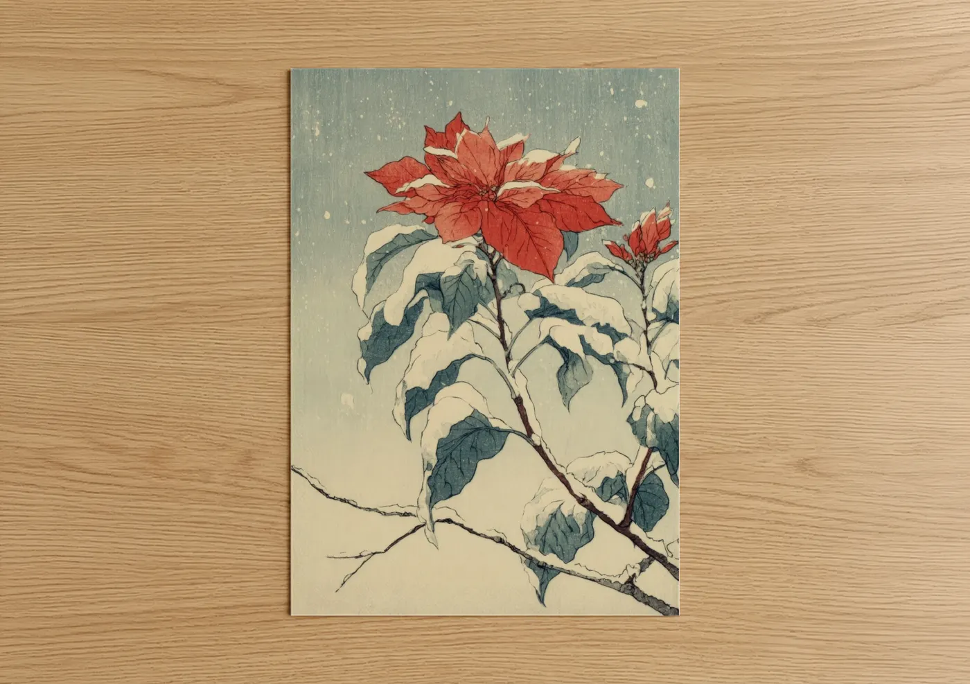 Red Poinsettia Winter Snow Watercolor Wall Art