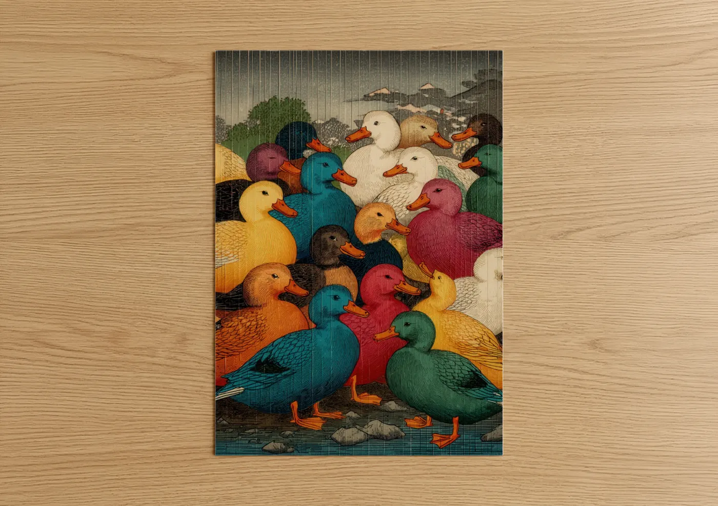 Colorful Duck Flock Vintage Illustration Wall Art