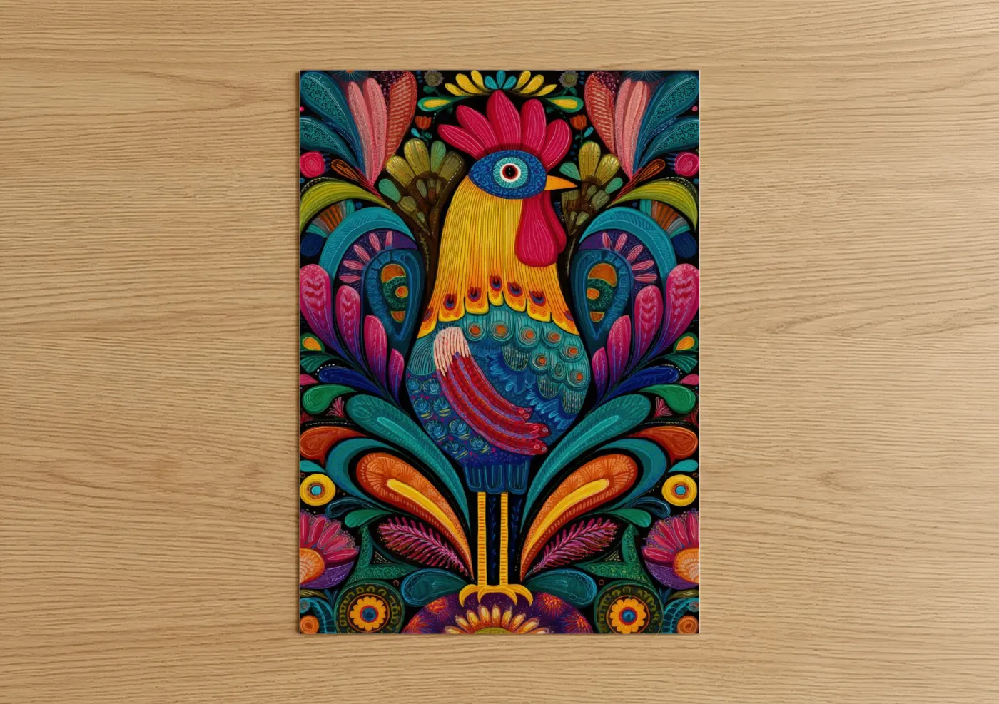 Chicken and roosters art print on warm oak wood — magenta and teal palette — Ornamental Rooster poster