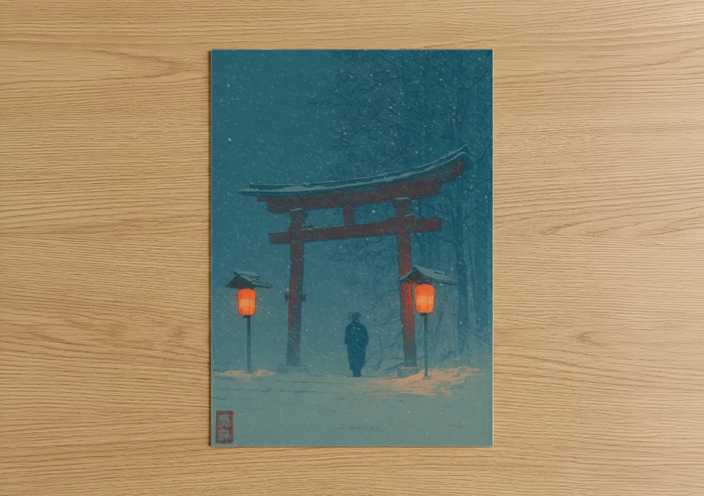 Snowy Shrine Ghost Winter Illustration Wall Art