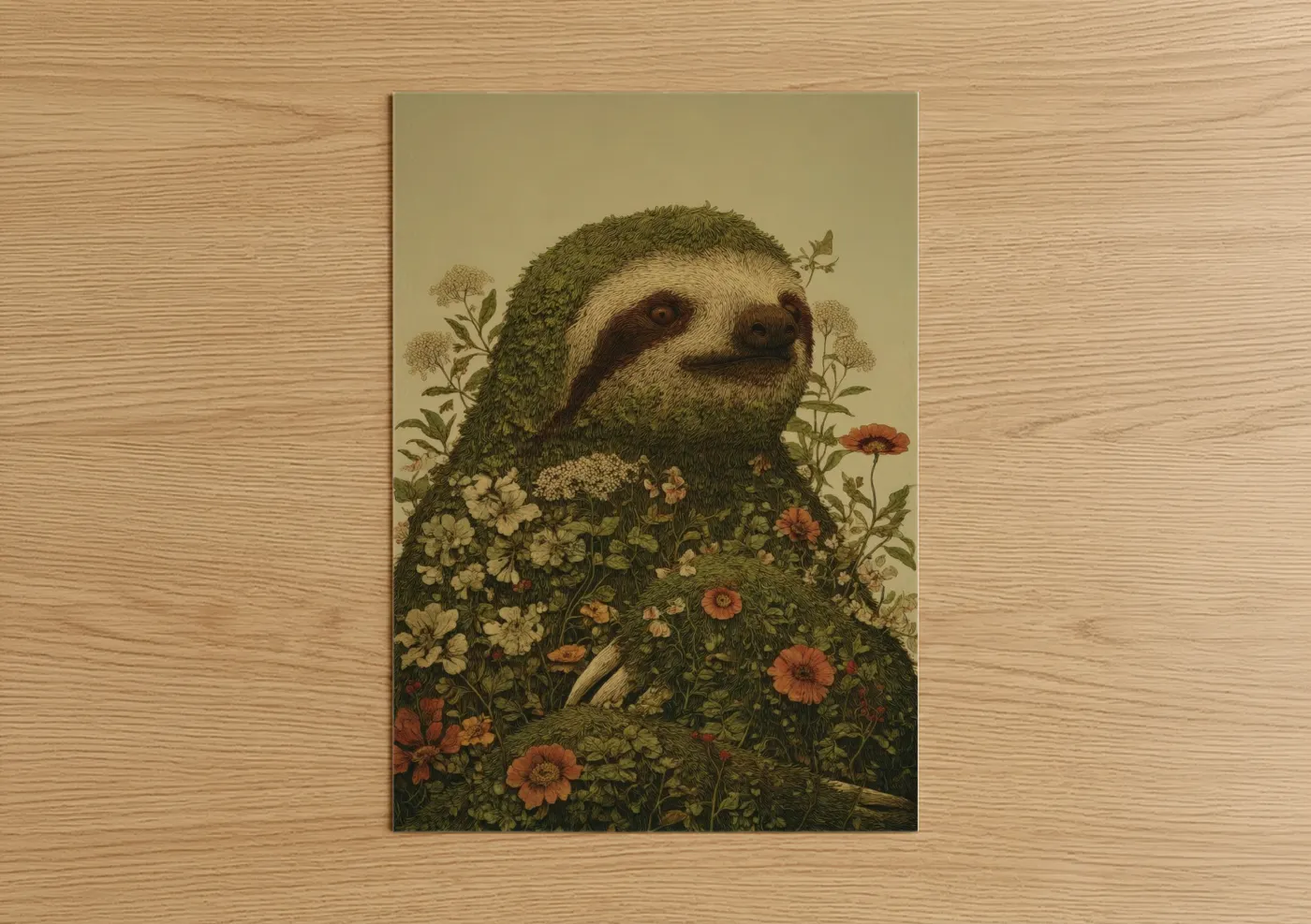 Art print on warm oak wood — sage green and beige palette — Botanical Sloth poster