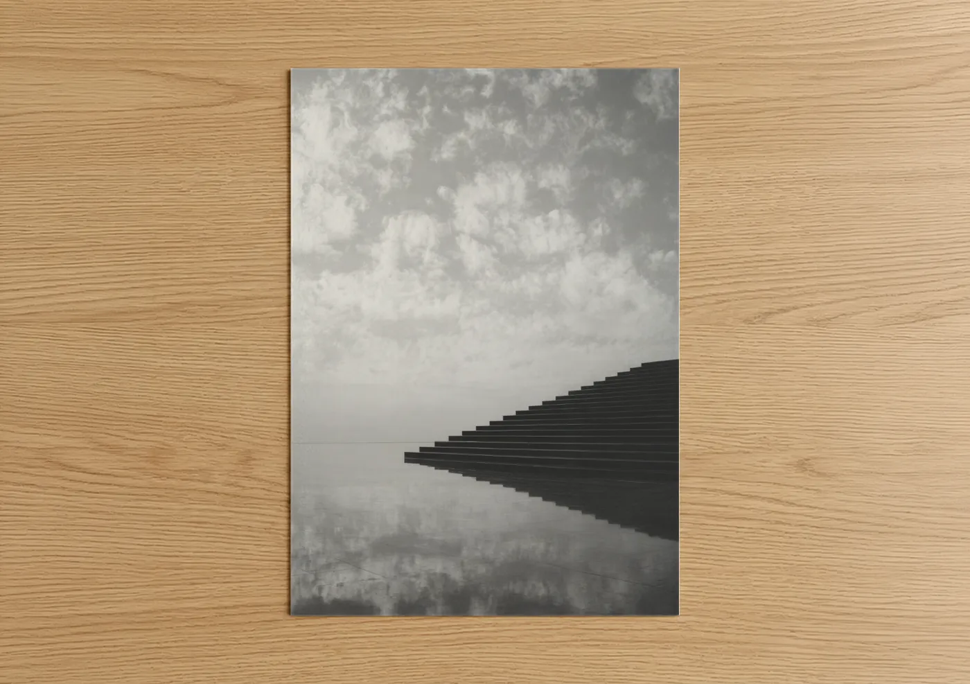 Art print on warm oak wood — black and white and gray palette — Minimalist Staircase poster
