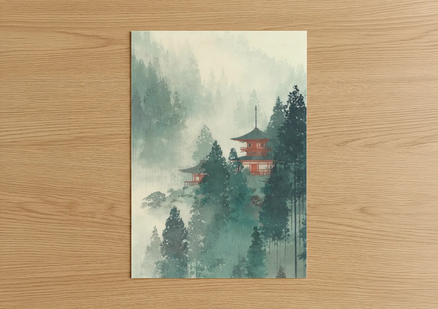 Misty Mountain Temple Forest Watercolor Wall Art