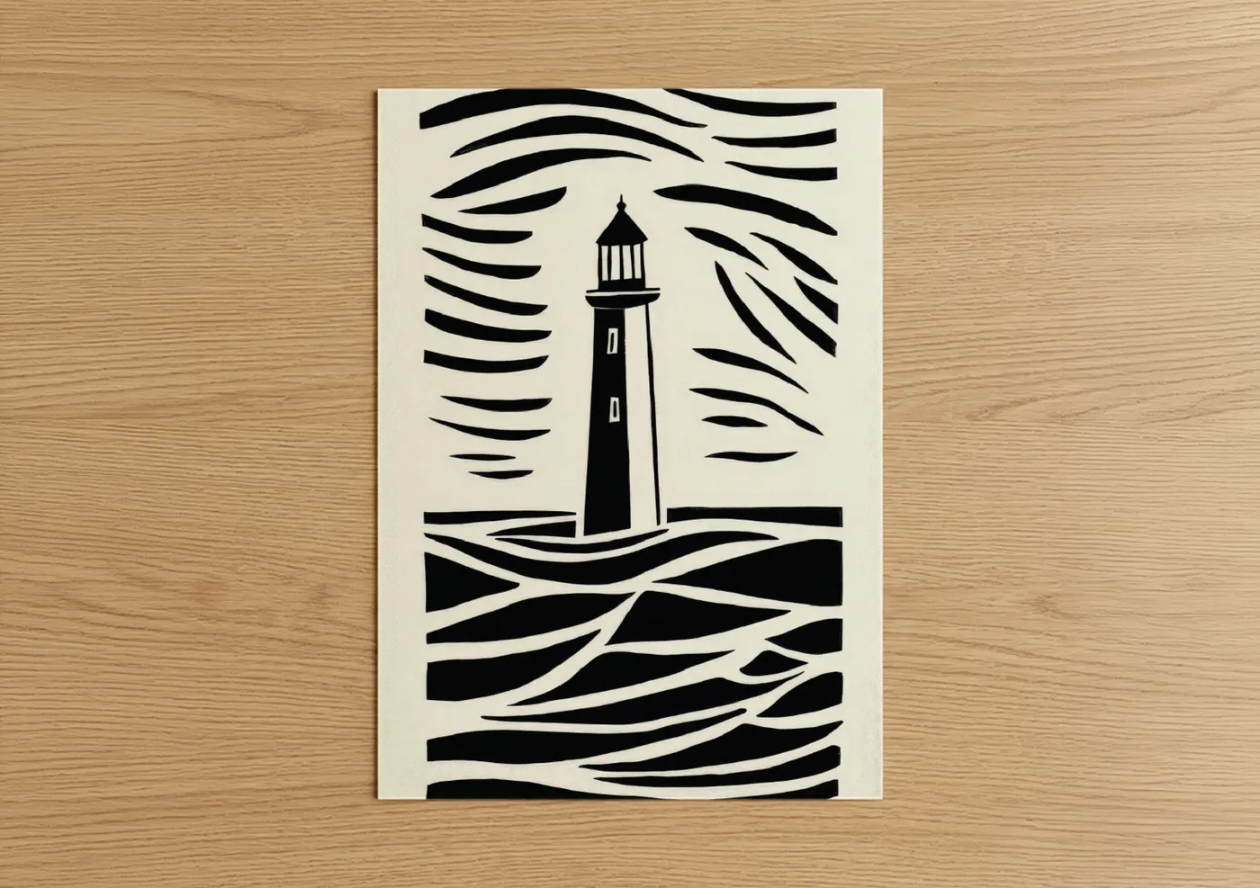 Art print on warm oak wood — black and white palette — Coastal Lighthouse poster