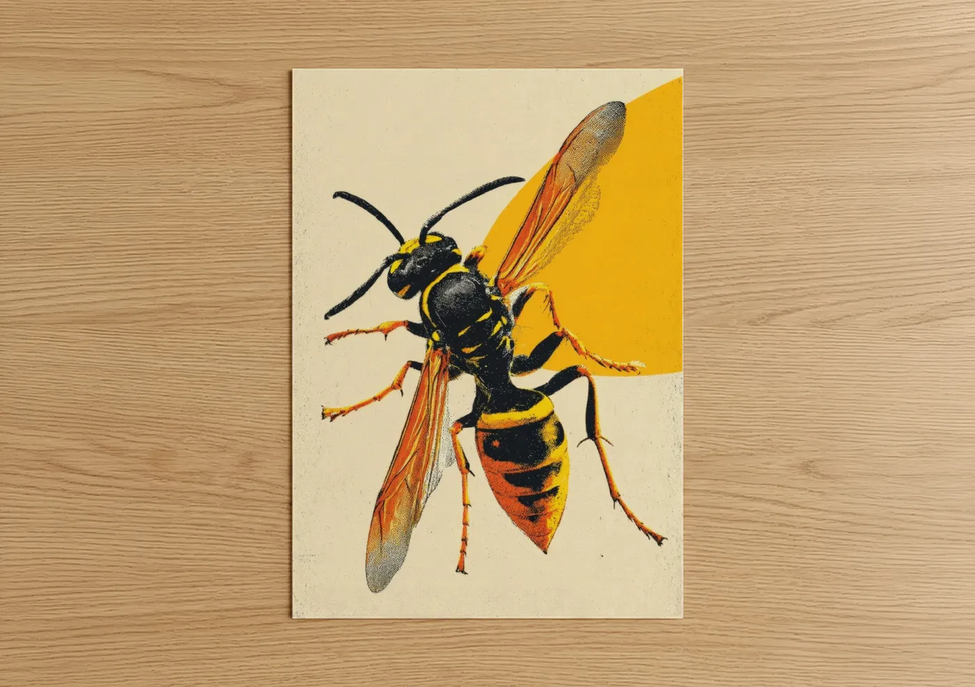 Art print on warm oak wood — gold and black palette — Golden Wasp poster