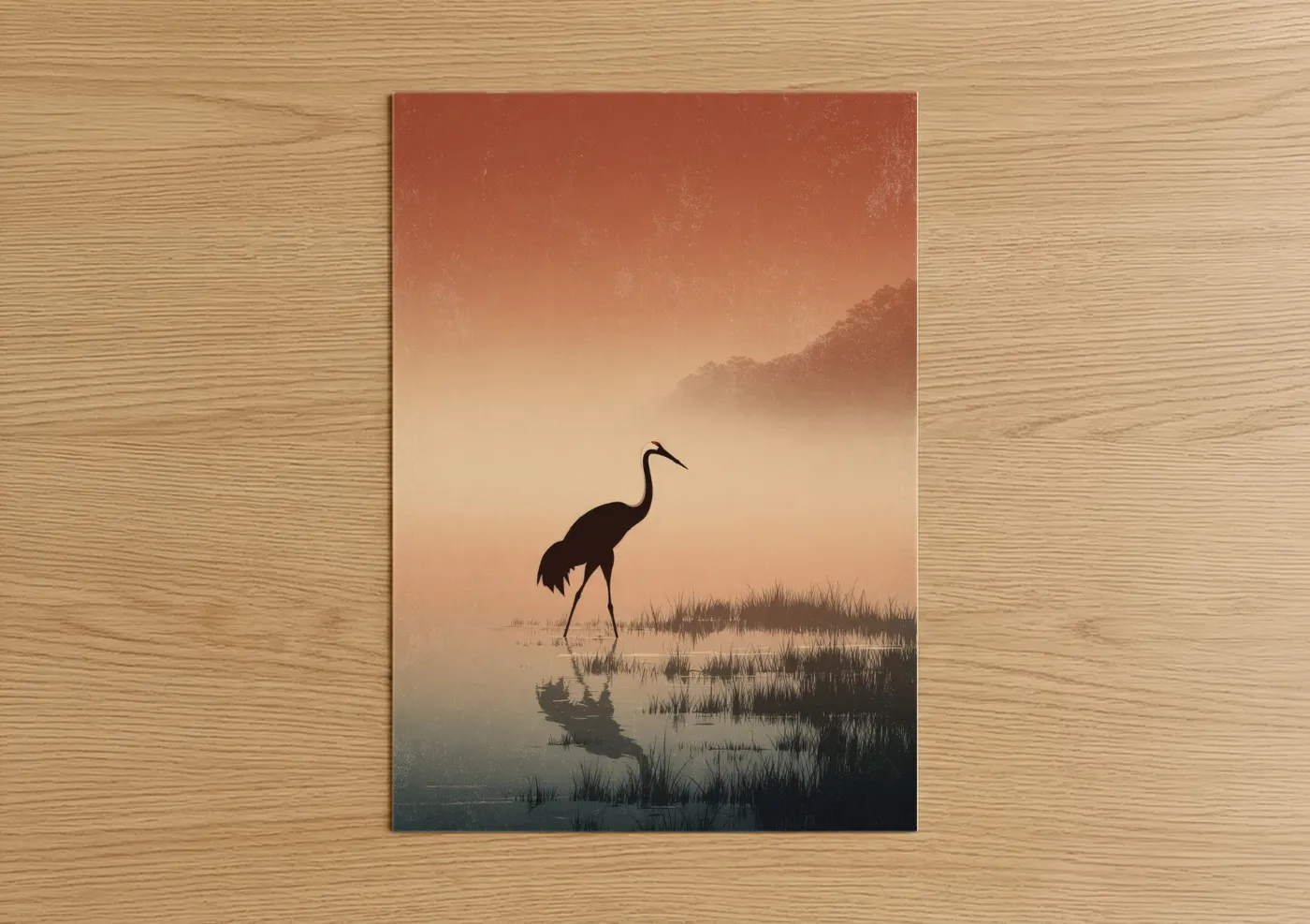 Crane at Dawn Mist Watercolor Wall Art