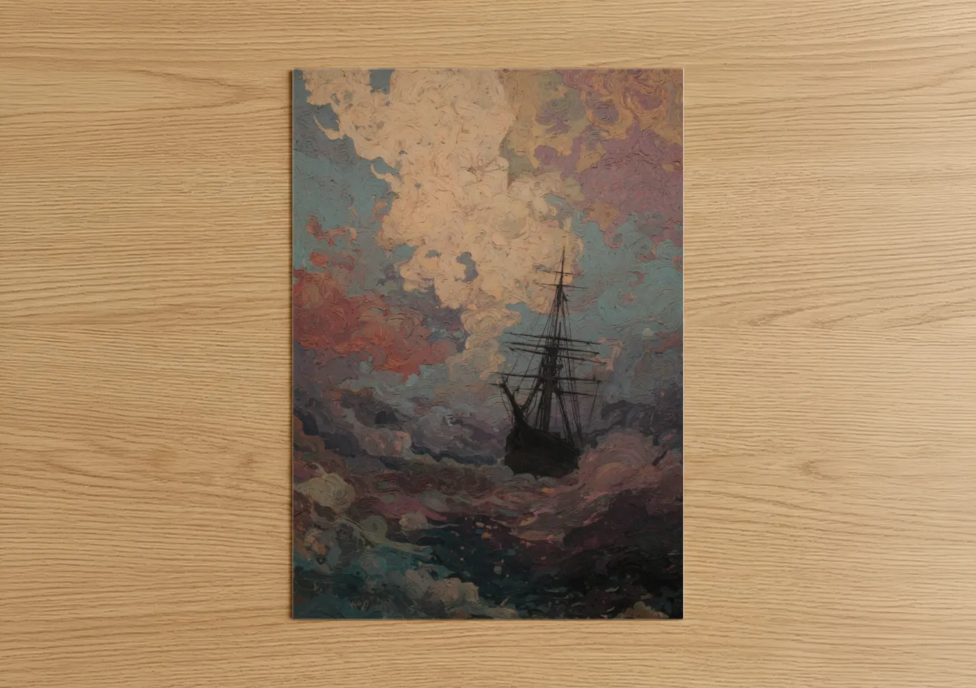 Art print on warm oak wood — russet and cream palette — Stormy Sailing Ship poster