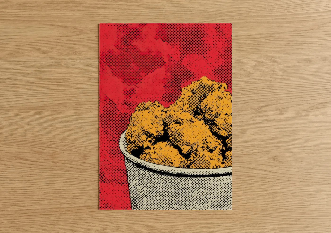 Poultry art print on warm oak wood — red and gold palette — Golden Fried Chicken poster