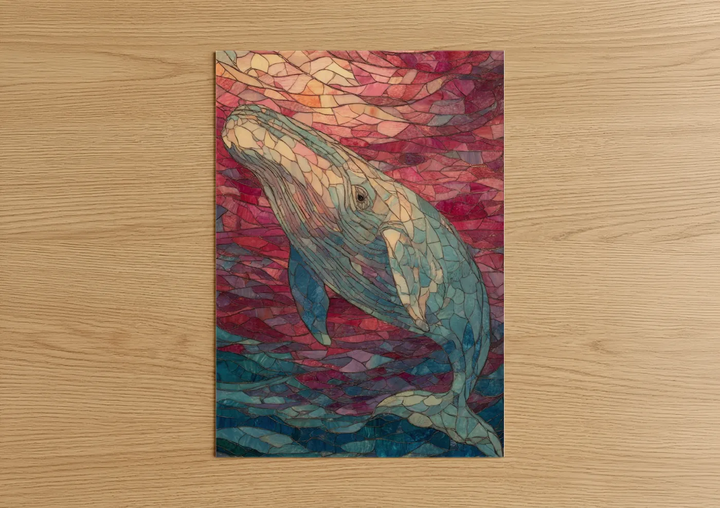 Sperm whale art print on warm oak wood — magenta and teal palette — Crimson Whale poster
