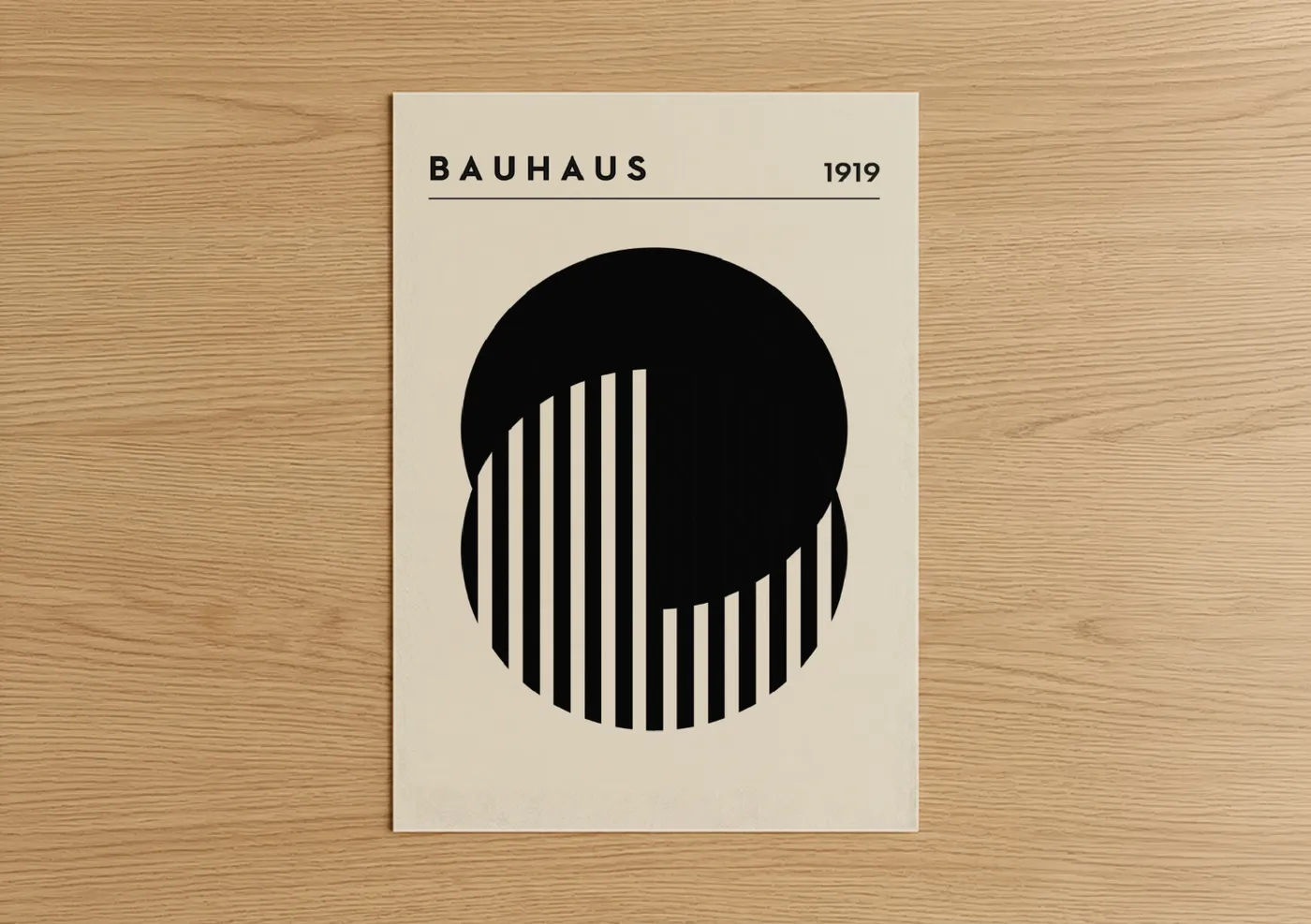Abstract geometric art print on warm oak wood — black and white palette — Bauhaus Geometry poster