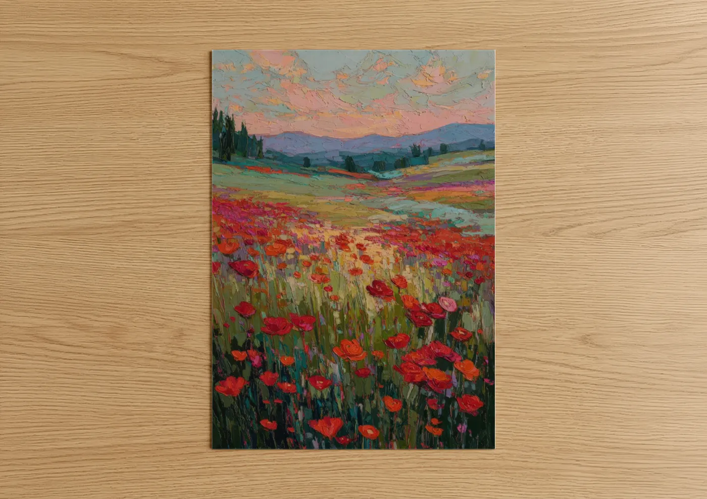 Art print on warm oak wood — red and gold palette — Tuscan Ranunculus poster
