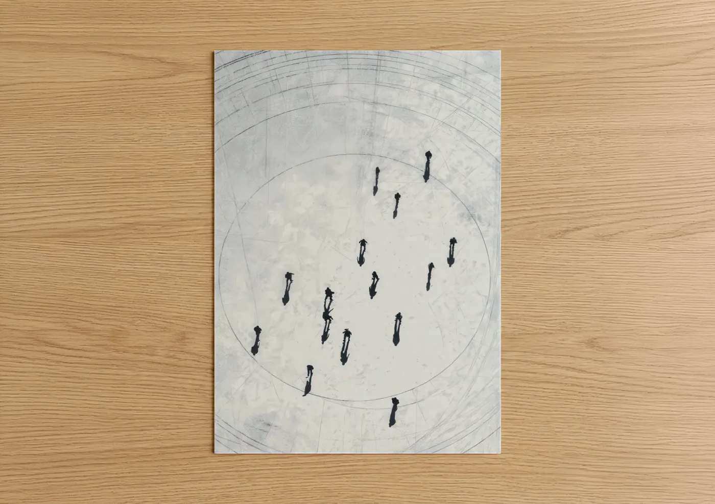 Ice skating art print on warm oak wood — white and black and white palette — Circular Ice Dance poster