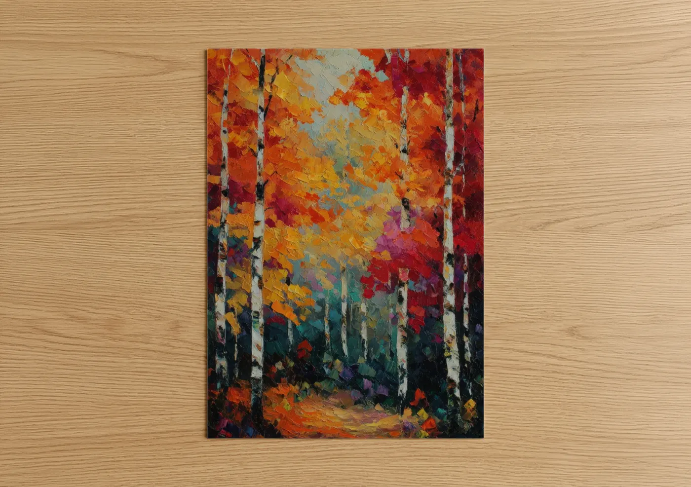 Art print on warm oak wood — orange and gold palette — Autumn Birch Forest poster
