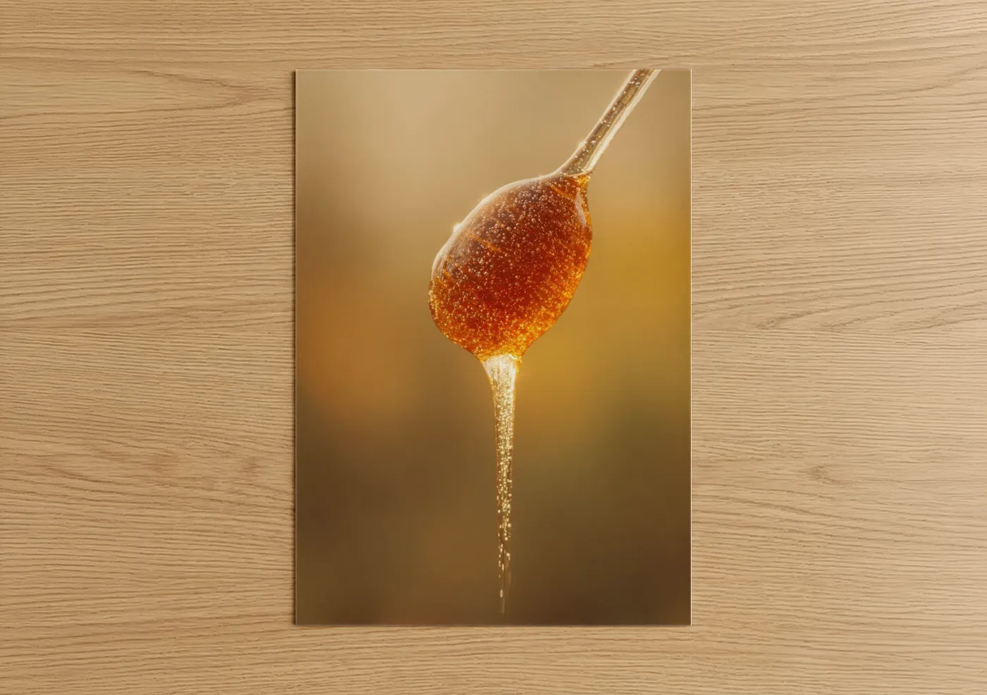 Kitchen utensils art print on warm oak wood — gold and yellow gold palette — Golden Honey Drizzle poster