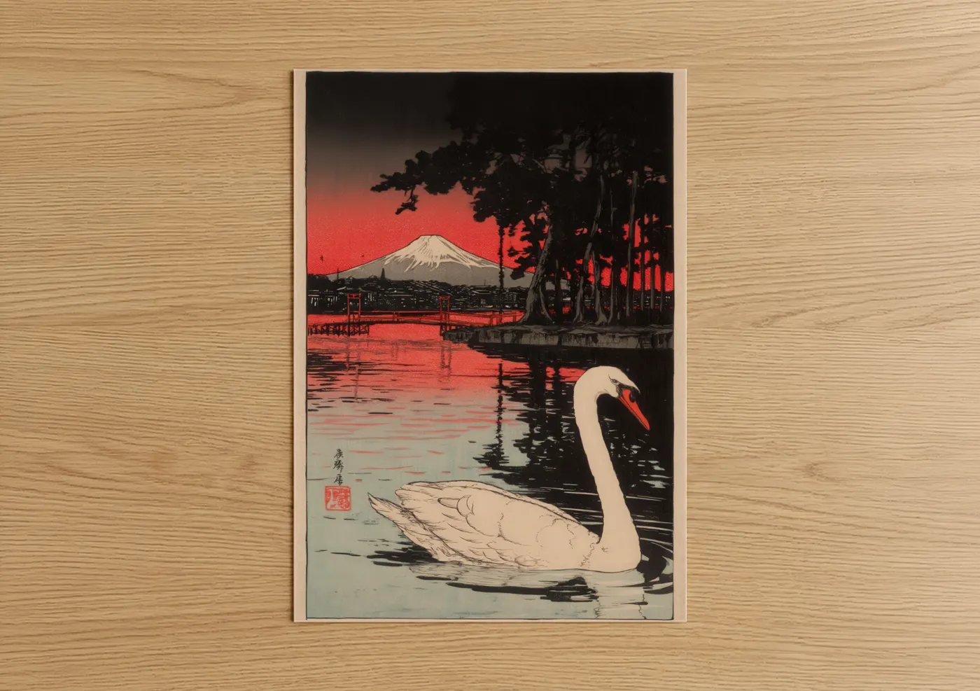 Swan Mount Fuji Red Sunset Woodblock Wall Art