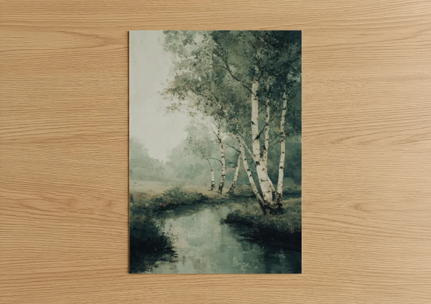 Birch tree art print on warm oak wood — light green and gray palette — Misty Birch Grove poster