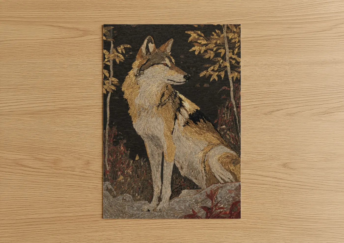 Art print on warm oak wood — gold and black palette — Noble Forest Wolf poster