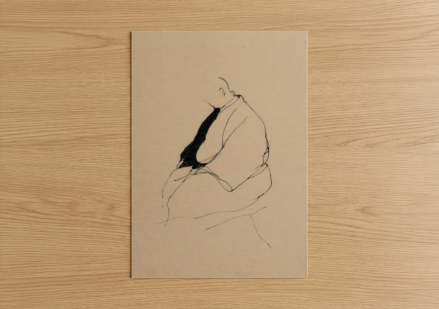 Art print on warm oak wood — black and beige palette — Contemplative Sumo poster