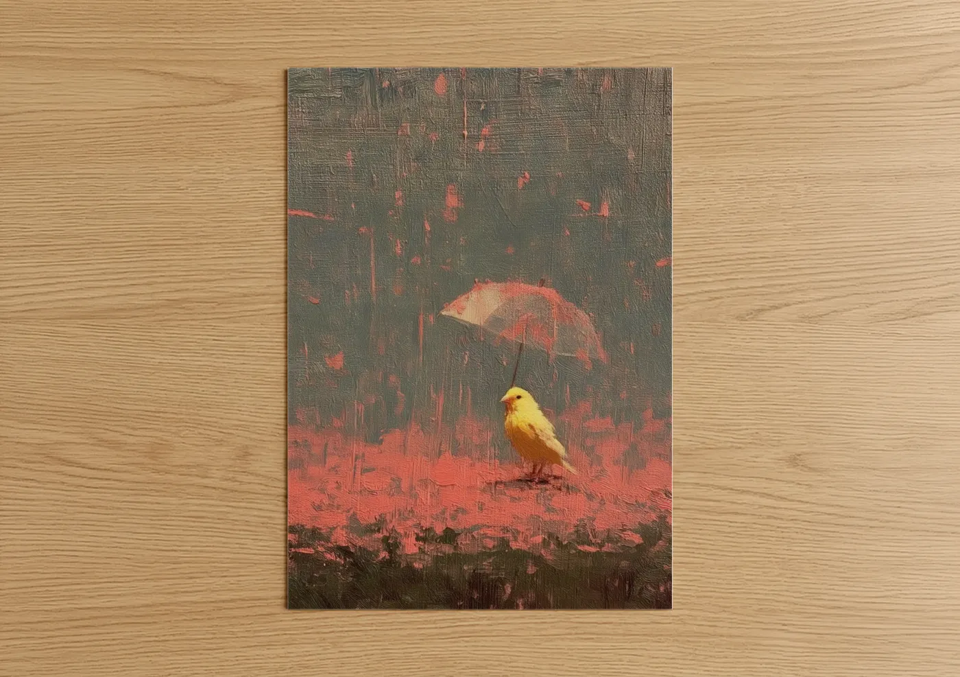 Canaries art print on warm oak wood — gold palette — Golden Canary poster