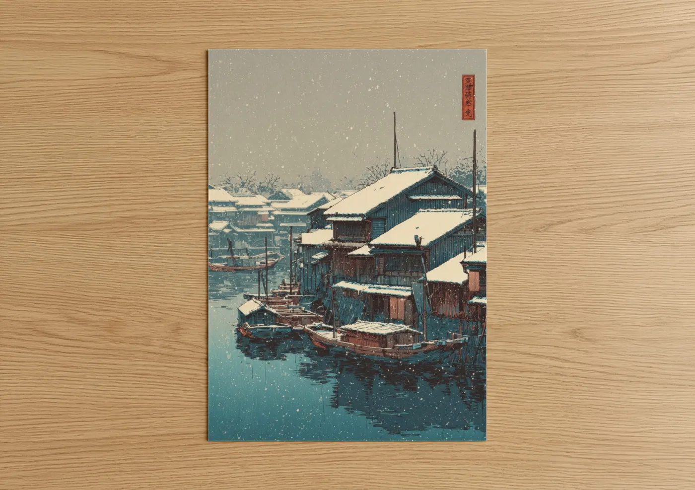 Port art print on warm oak wood — blue and white and dove gray palette — Snowy Harbor Dock poster