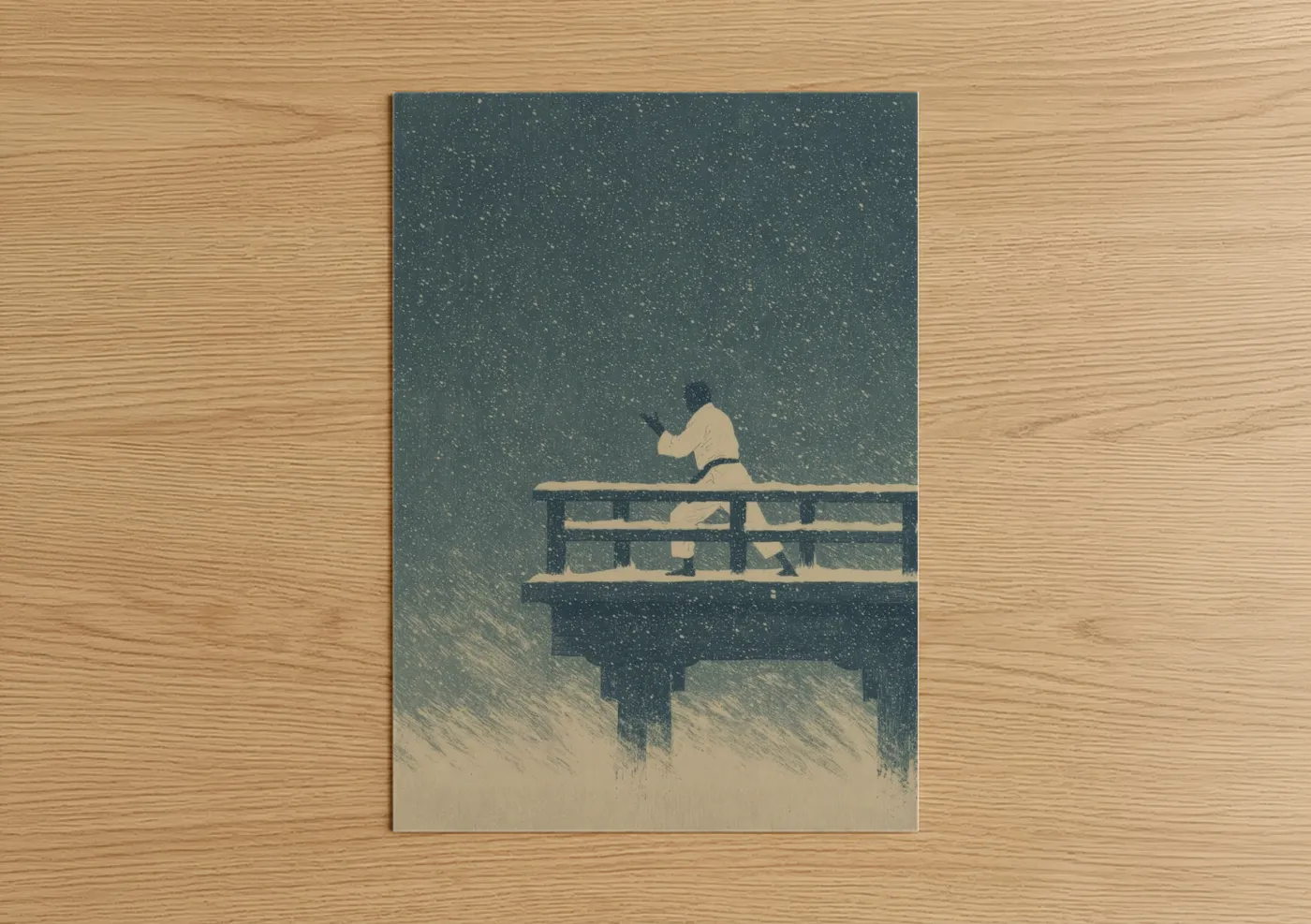 Karate art print on warm oak wood — teal and cream palette — Snowy Meditation poster