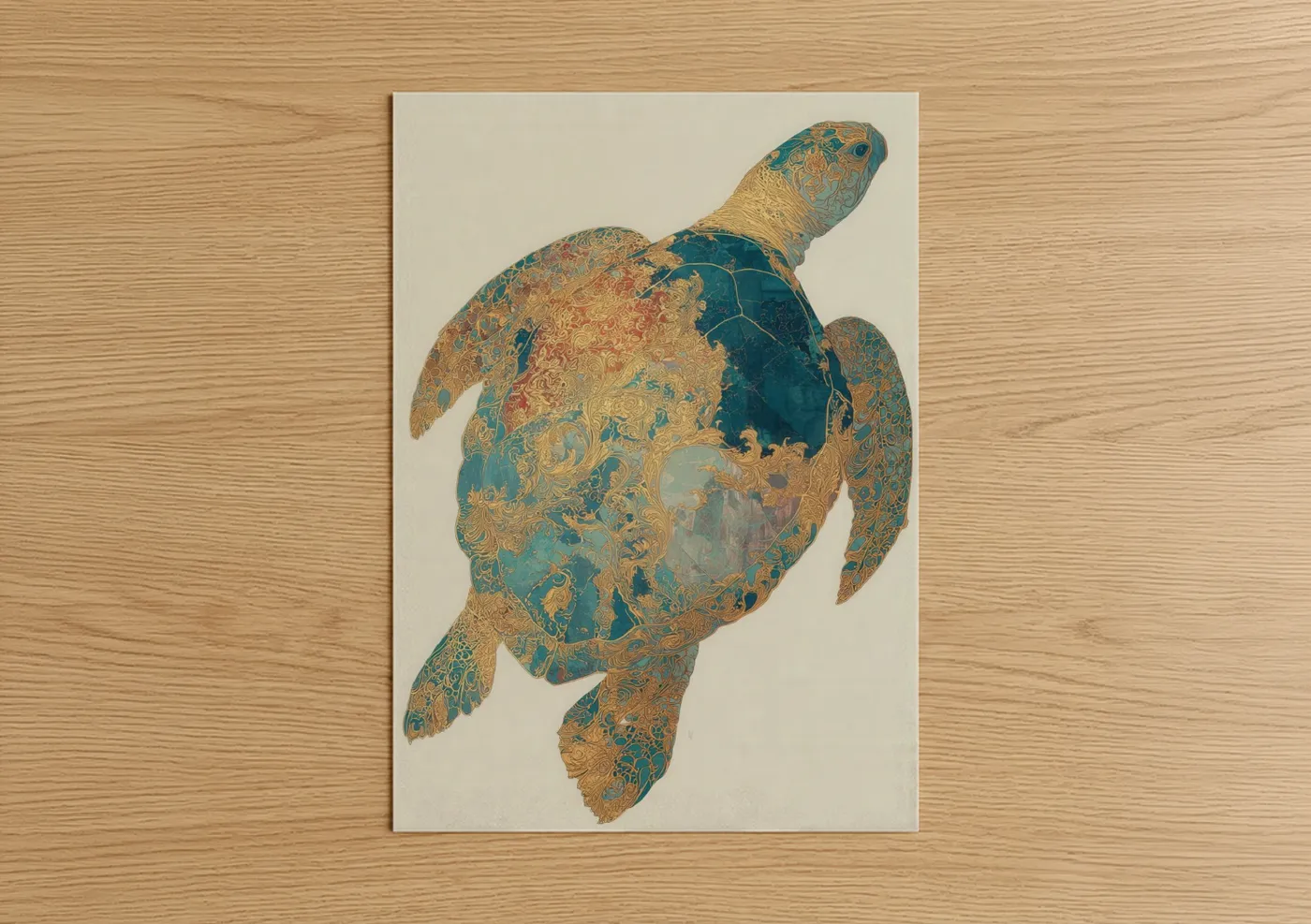 Art print on warm oak wood — gold and teal palette — Ornate Sea Turtle poster