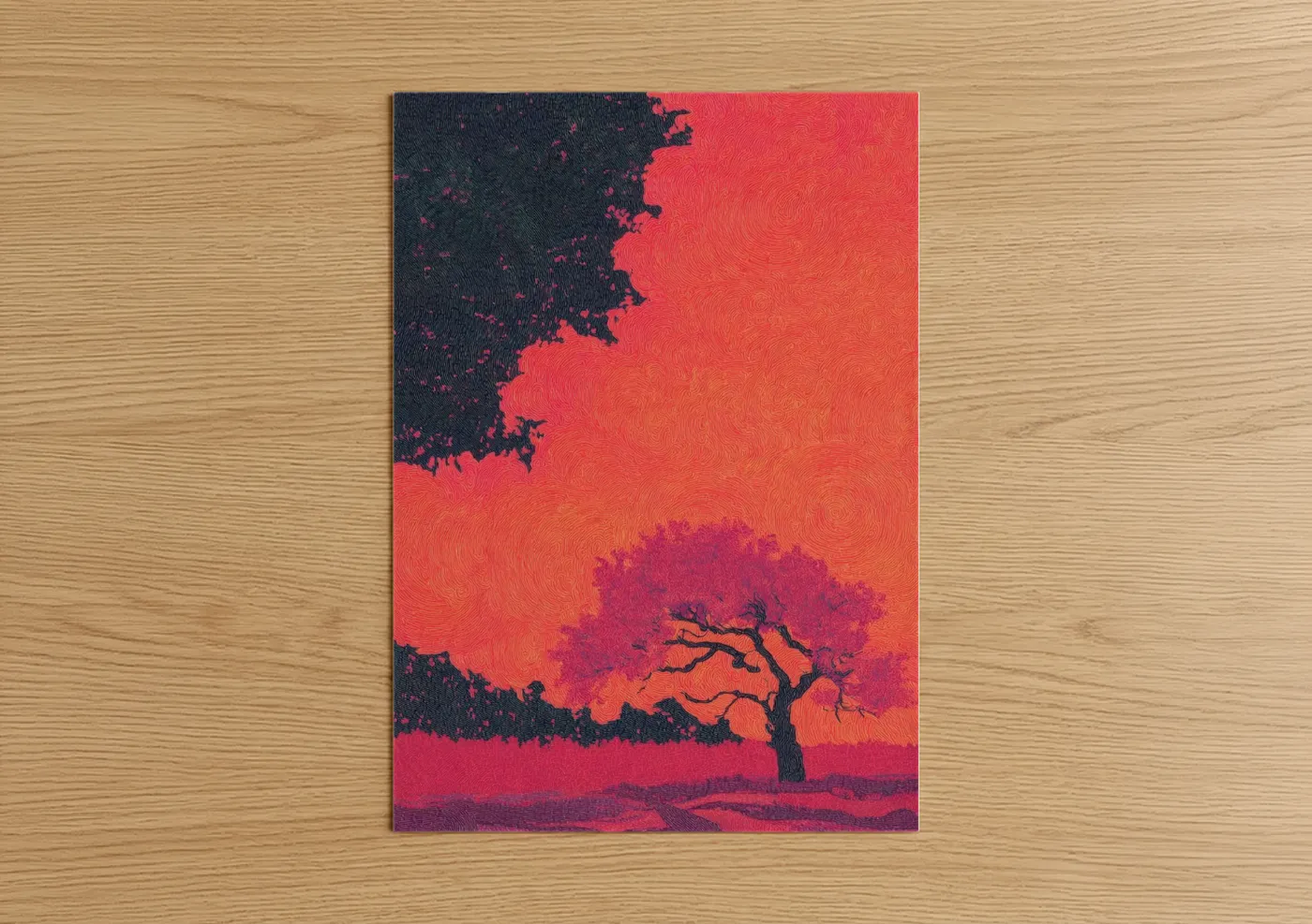 Christian symbols art print on warm oak wood — red and magenta palette — Crimson Savanna Cross poster