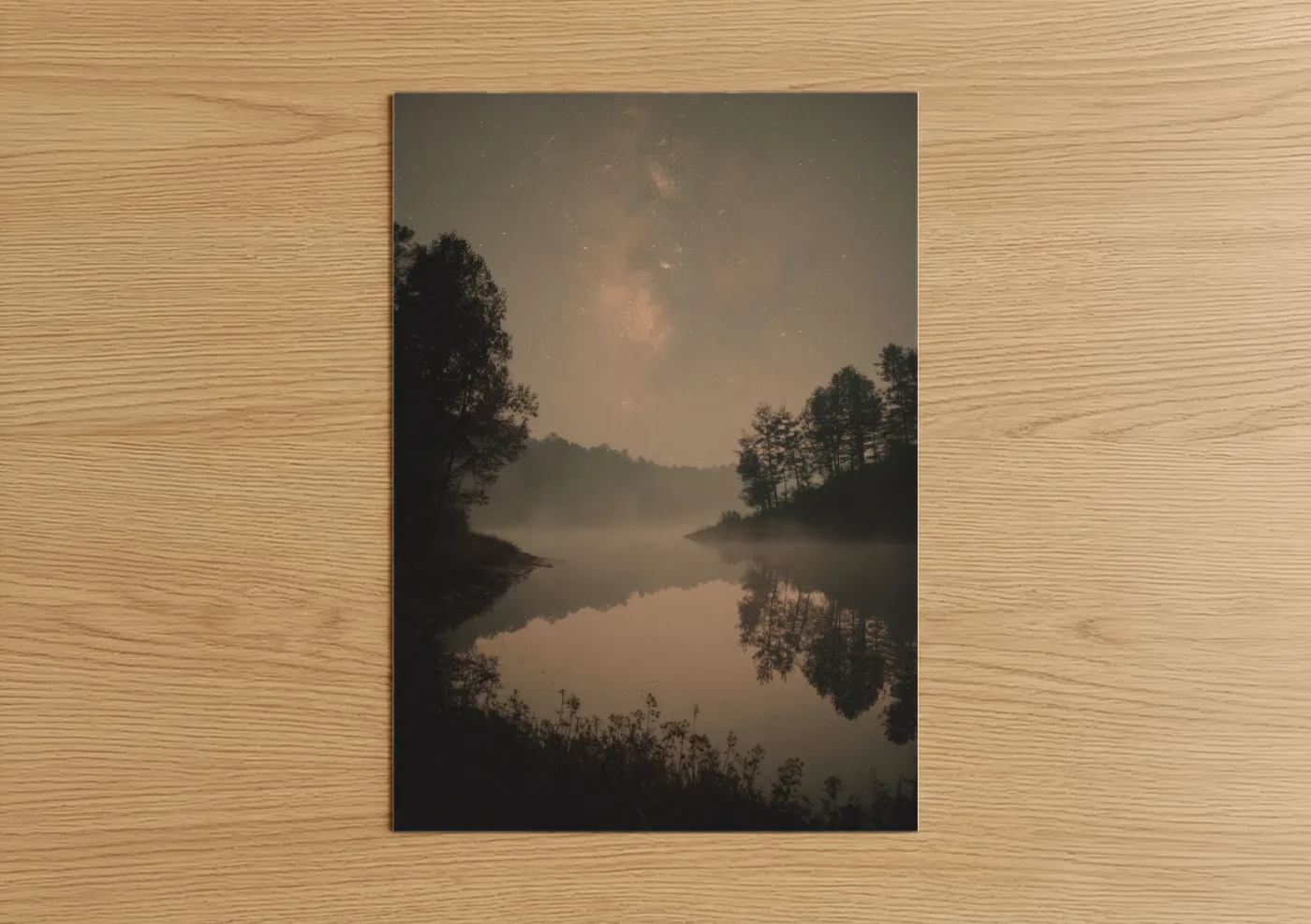 Misty Lake Reflection Starry Night Wall Art
