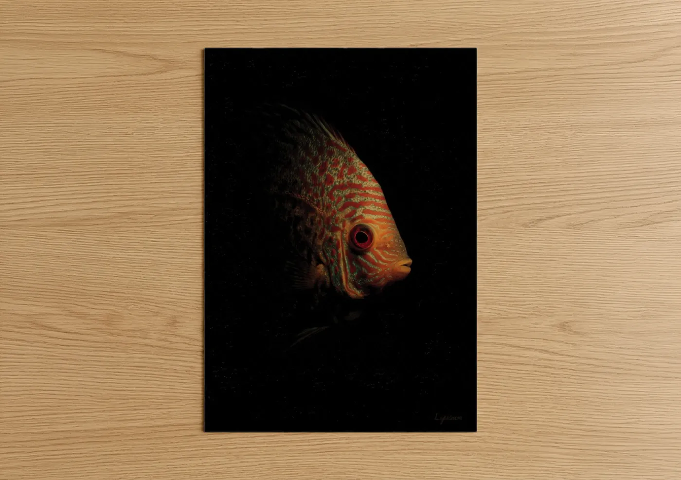 Art print on warm oak wood — red and gold palette — Crimson Discus Fish poster