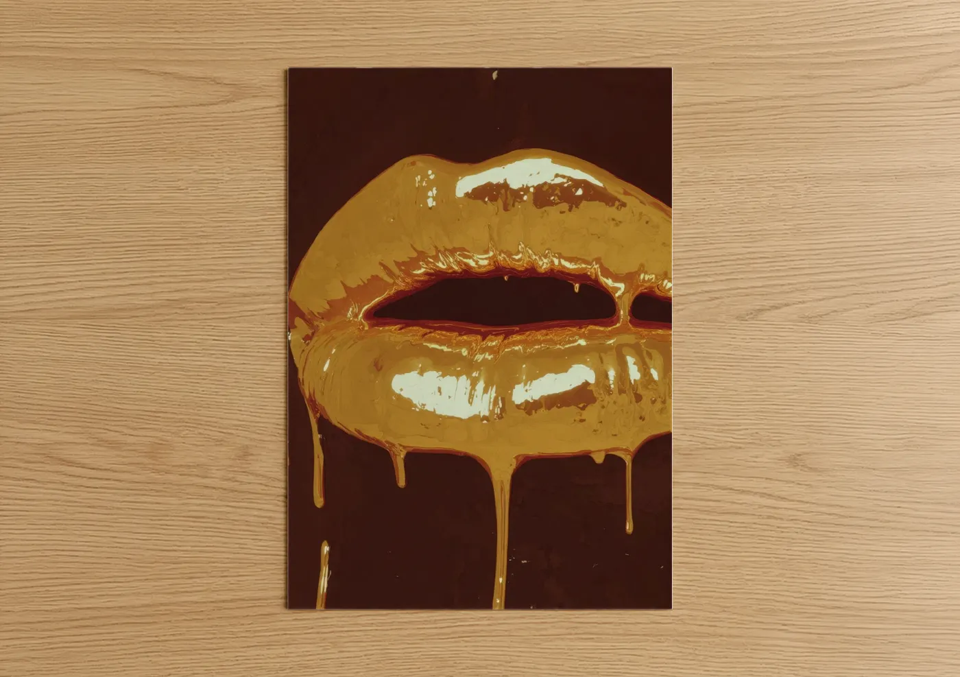 Art print on warm oak wood — gold and maroon palette — Golden Lip Drip poster