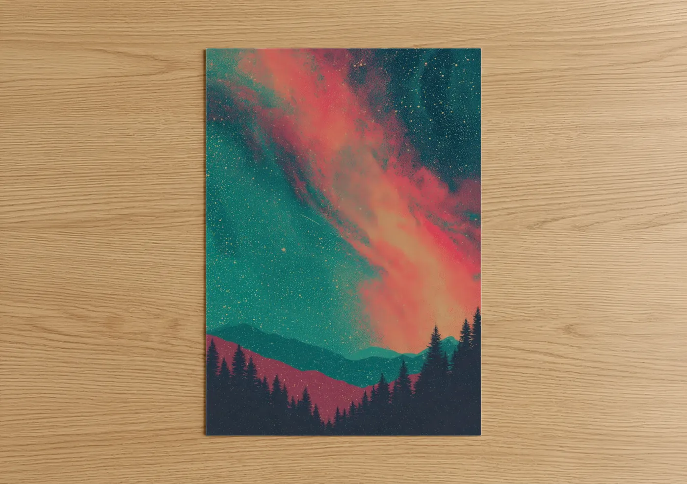 Galaxy art print on warm oak wood — teal and magenta palette — Cosmic Aurora poster