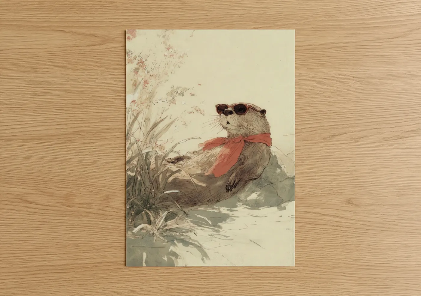 Art print on warm oak wood — cream and russet palette — Adventurous Beaver poster