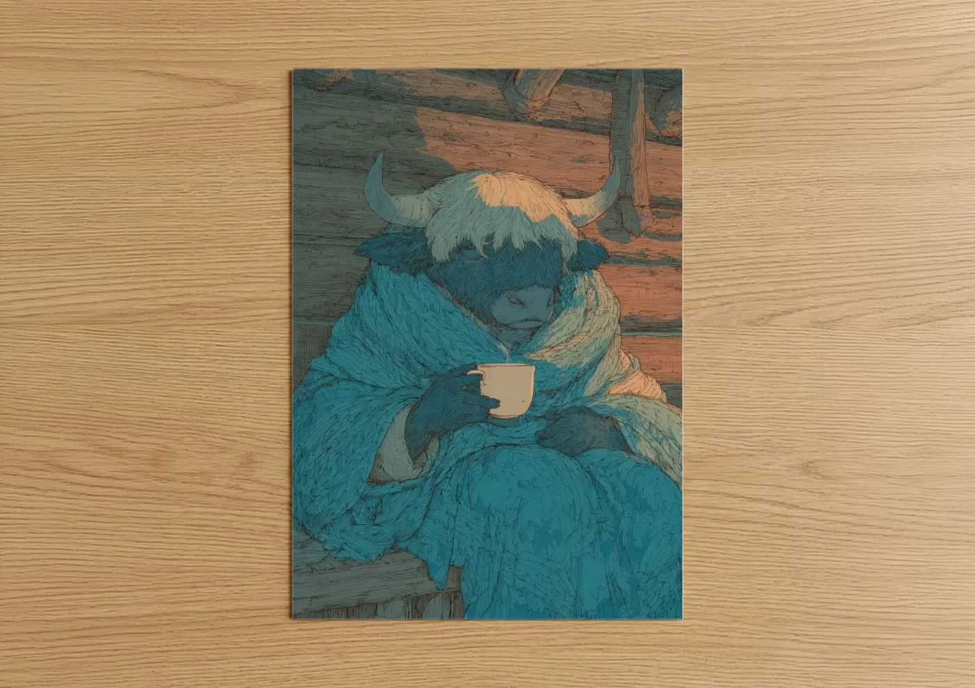 Cozy Yak Drinking Tea Illustration Wall Art
