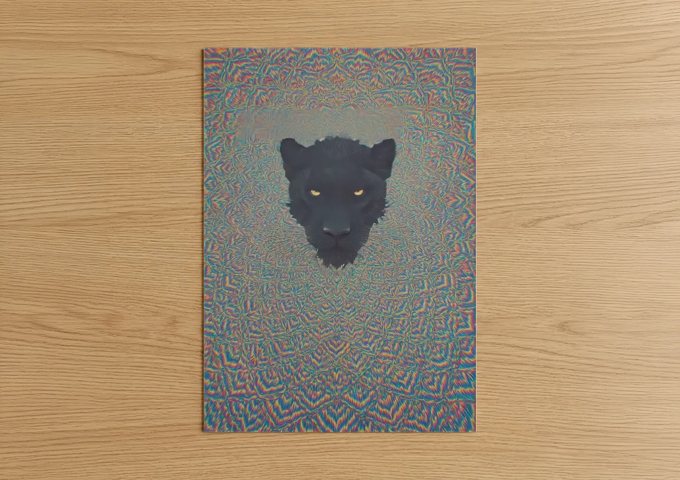 Art print on warm oak wood — black and magenta palette — Golden-Eyed Panther poster