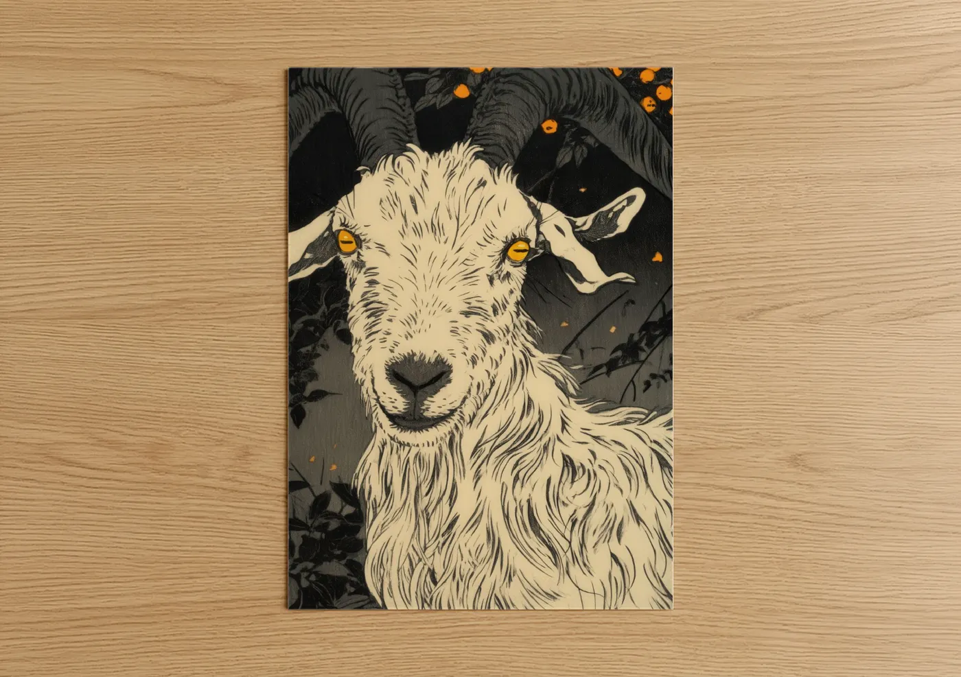 Mystical Goat Golden Eyes Woodblock Wall Art