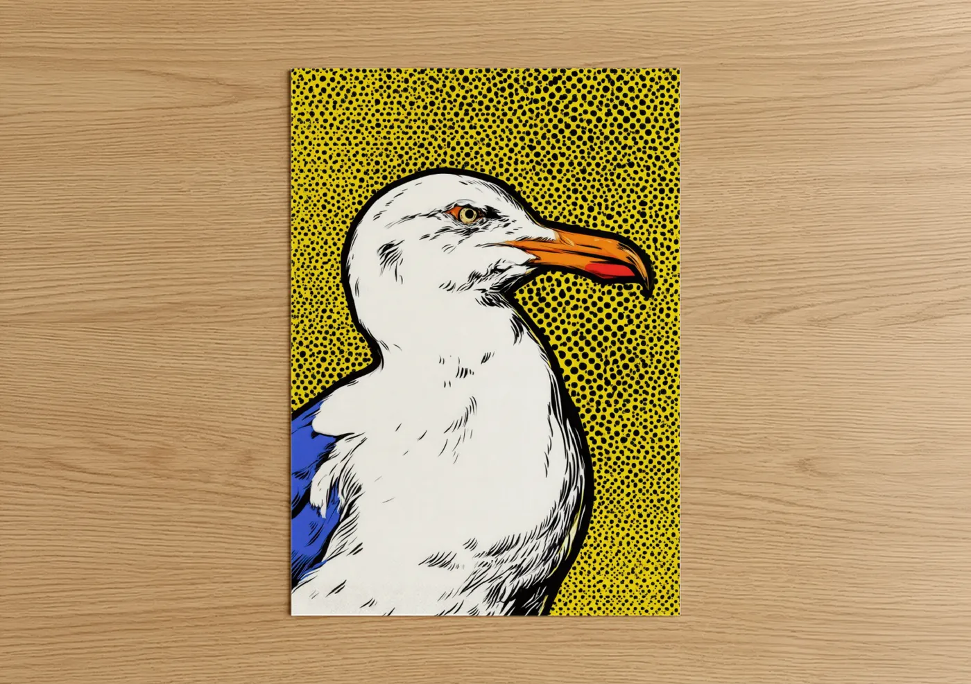 Art print on warm oak wood — yellow and white palette — Yellow Seagull poster