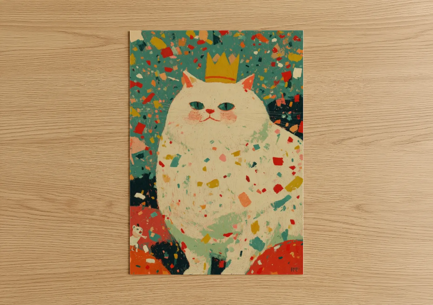 Mardi gras art print on warm oak wood — teal and gold palette — Regal Celebration Cat poster