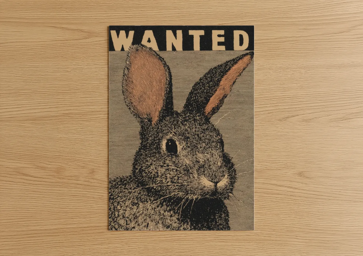 Easter art print on warm oak wood — black and white and cream palette — Wanted Rabbit poster