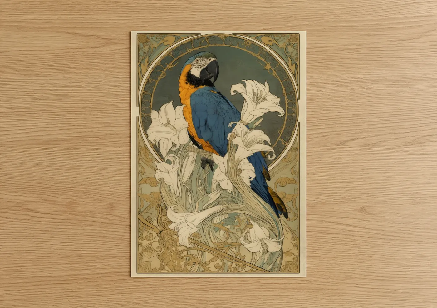 Blue Macaw with White Flowers Art Deco Wall Art